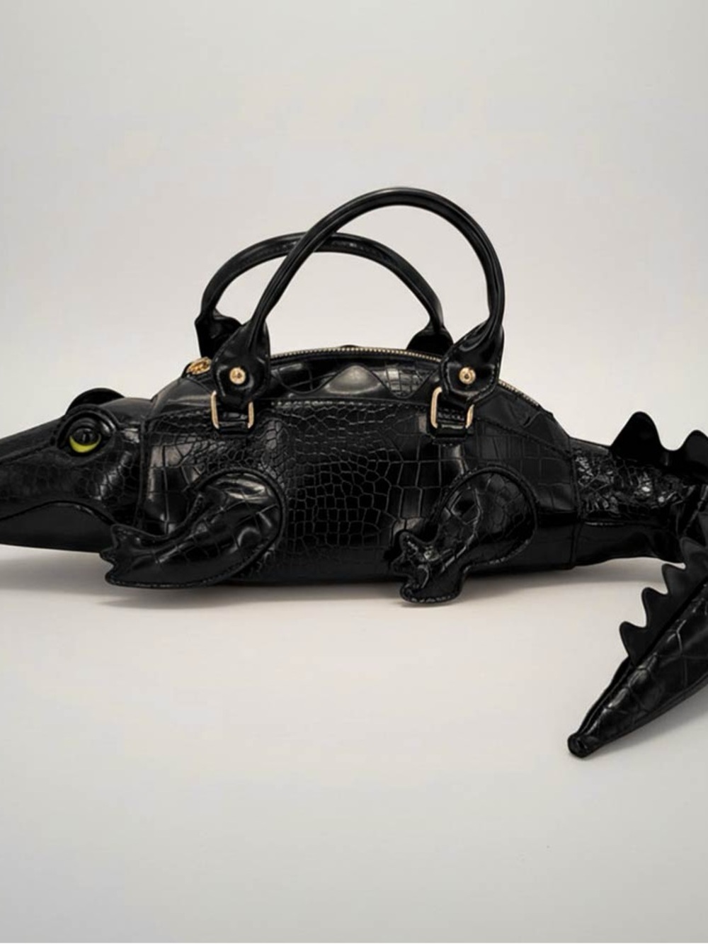 Black Croc-Embossed Alligator Novelty Satchel